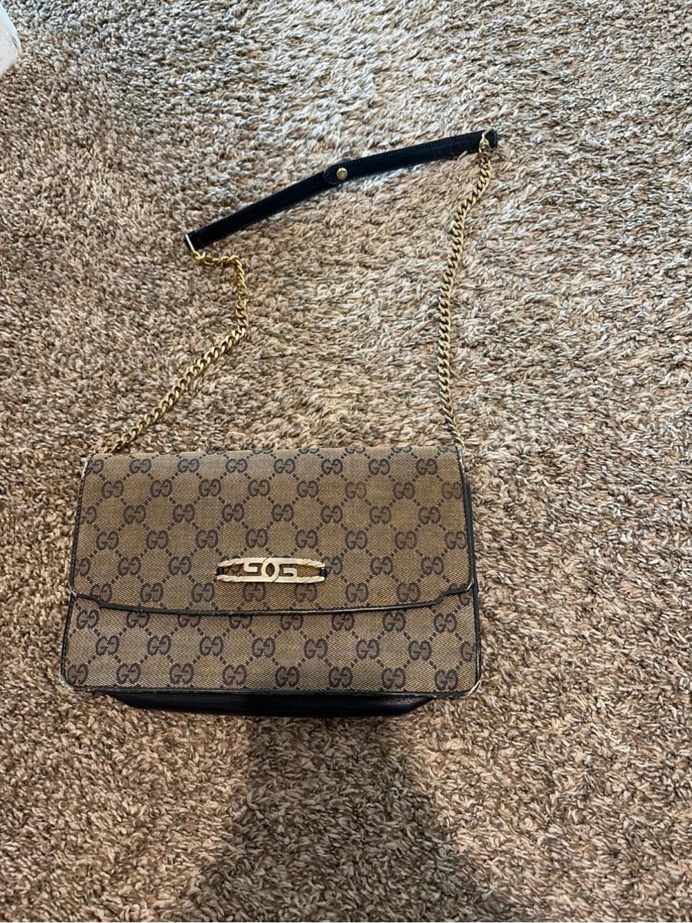 Gucci Beige Brown GG Supreme Chain Crossbody Bag with Gold Hardware